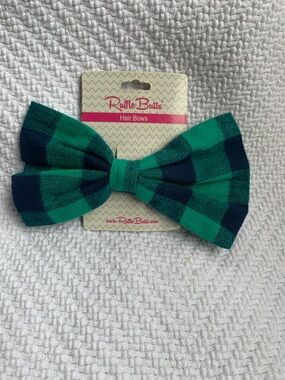 Ruffle Butts Green & Navy Plaid Bow Clip